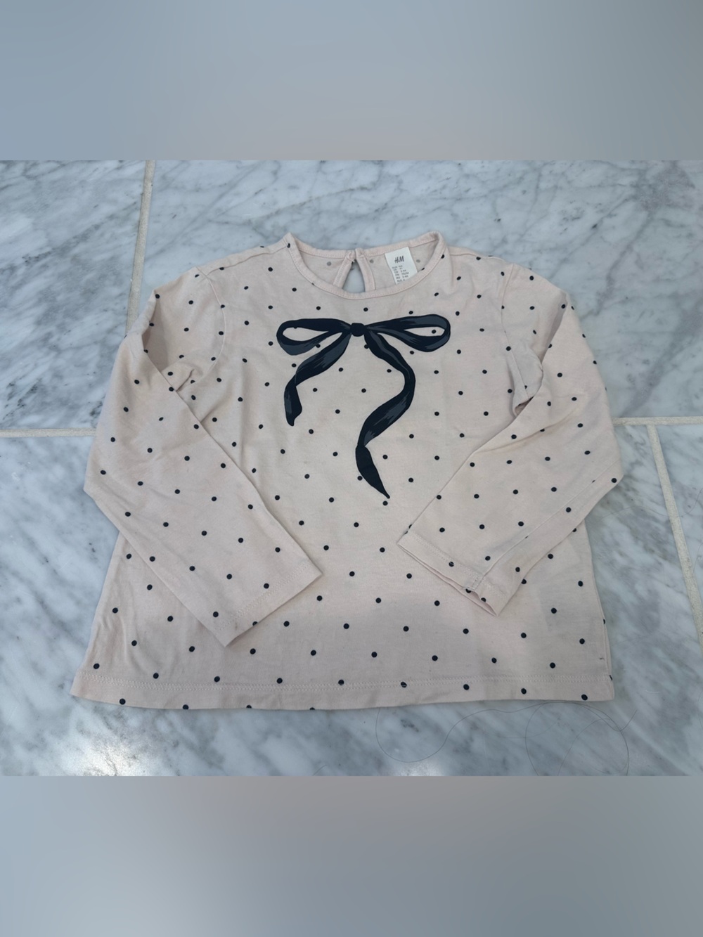 H&M Light Pink Long-Sleeve Tee with Navy Polka Dots & Bow
